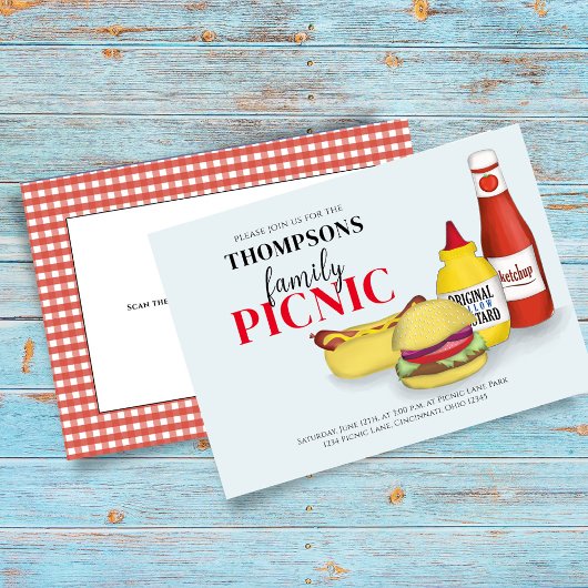 バーベキューカジュアルピクニックファミリー懇親会ハンバーガー 招待状