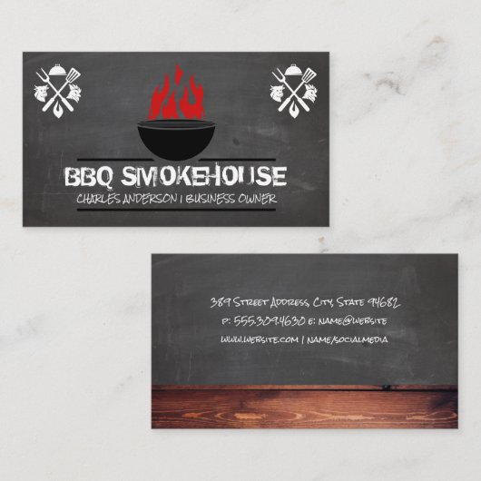 バーベキューグリルと火 | 黒板ウッド 名刺 (正面/裏面)