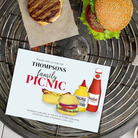 バーベキューファミリー懇親会カジュアルピクニックハンバーガー 招待状