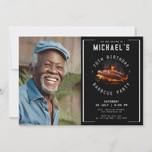 バーベキュー写真70th誕生日パーティー 招待状 (正面)