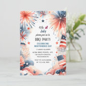 バーベキュー赤白青米国国旗7月パーティー4日 招待状 (スタンド正面)