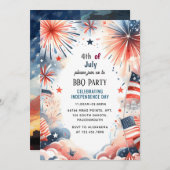 バーベキュー赤白青米国国旗7月パーティー4日 招待状 (正面/裏面)
