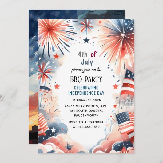 バーベキュー赤白青米国国旗7月パーティー4日 招待状 (正面/裏面)