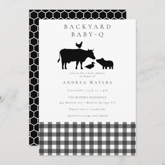 バーベキュー |ギンガムブラック |赤素朴ちゃんシャワー 招待状 (正面/裏面)
