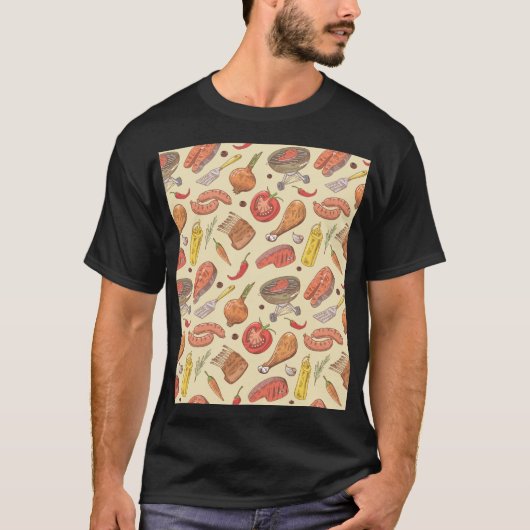 バーベキュー、グリル、手描きのシームレスな背景。 Tシャツ (正面)