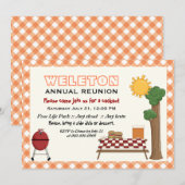 バーベキュー・パーティーの家族の再会、オレンジのギンガムの枠 招待状 (正面/裏面)