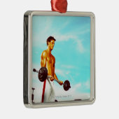 バーベルと運動している若者 メタルオーナメント (右)