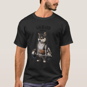バーベルの肩で黒い柴犬の筋肉のトレーニング Tシャツ
