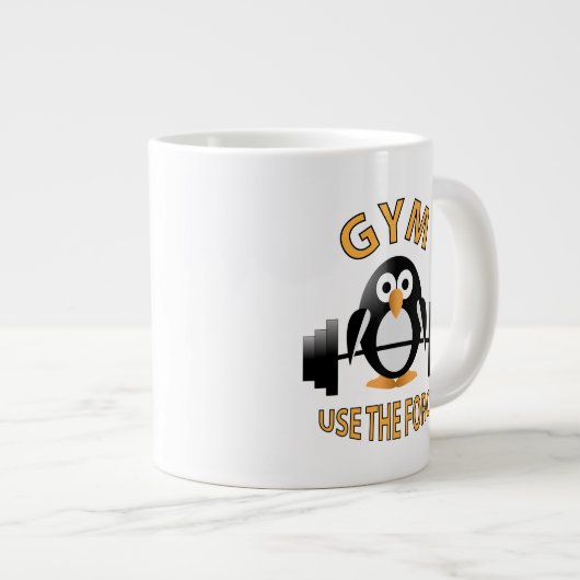 バーベルを持つペンギン ジャンボコーヒーマグカップ (正面右)
