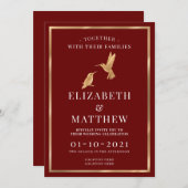 バーボンディーとゴールドを基調としたハummingbirdのデザイン 招待状 (正面/裏面)