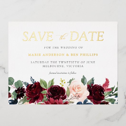 バーボンディーウォーターカラーフラワーの結婚式のSave the Date 箔招待状ポストカード (正面)