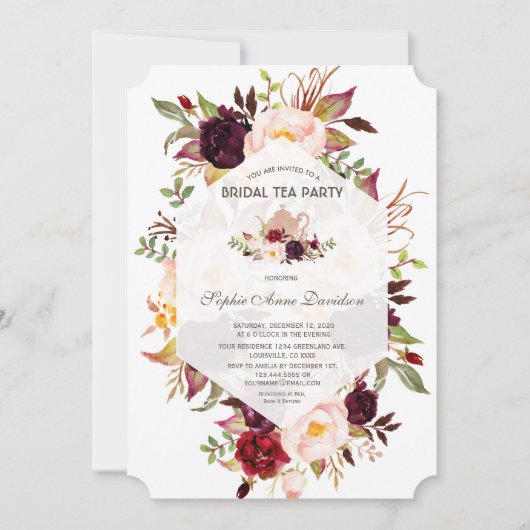 バーボンディー幾何学花柄 ブライダルシャワー ティーパーティー 招待状 (正面)