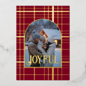 バーボンディー＆ゴールドのギンガムクリスマスホリデー写真 箔シーズンカード (正面)