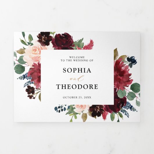 バーボンディー ネイビー フラワー ラスティック カントリー ウェディング 三つ折り案内状 (カバー)