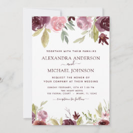 バーボンディー ピンク モダン ウォーターカラー フラワーズ ウェディング 招待状