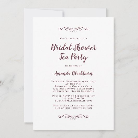 バーボンディ エレガント ティー ウェディング ブライダル シャワー モダン 招待状 (正面)
