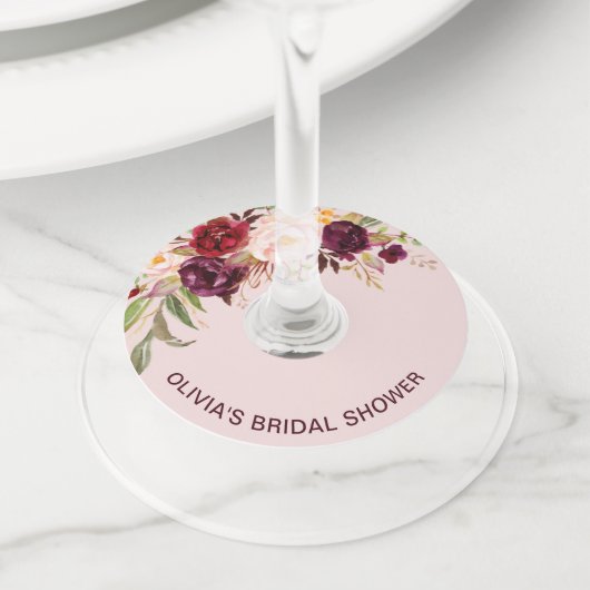 バーボンディ フラワル ピンク ブライダル シャワー ワイングラスタグ (クローズアップ)