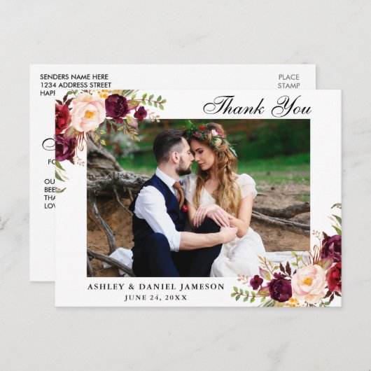 バーボンディ フラワーの結婚式写真のお礼 ポストカード (正面/裏面)