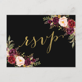 バーボンディ フローラル ブラック フェイク ゴールド フォイル 結婚式 RSVP インビテーションポストカード
