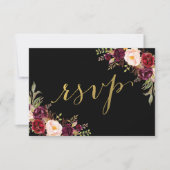 バーボンディ フローラル ブラック フェイク ゴールド フォイル 結婚式 RSVP 招待状 (正面)