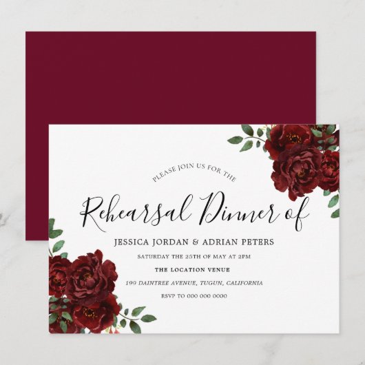 バーボンディ ローズ ロマンチック ウェディング リハーサル ディナー 招待状 (正面/裏面)