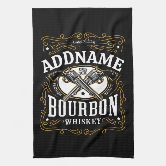 バーボンパーソナライズされたヴィンテージガンウイスキーラベル キッチンタオル (縦)
