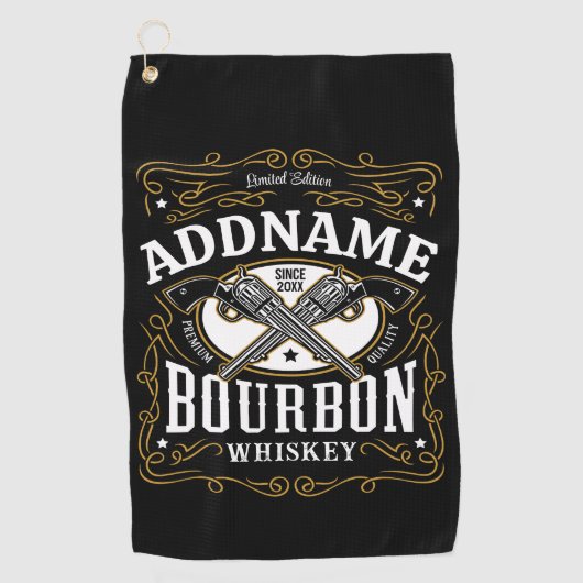 バーボンパーソナライズされたヴィンテージガンウイスキーラベル ゴルフタオル (正面)