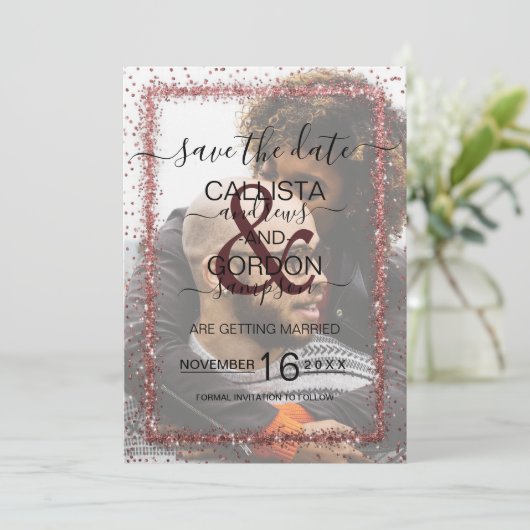 バーボンローズゴールドのコンフェッティフォトウェディング セーブザデート (スタンド正面)