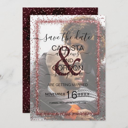 バーボンローズゴールドのコンフェッティフォトウェディング セーブザデート (正面/裏面)