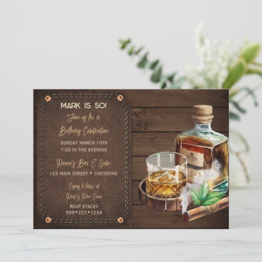バーボン男らしウイスキー葉巻きウッドレザー 招待状 (スタンド正面)