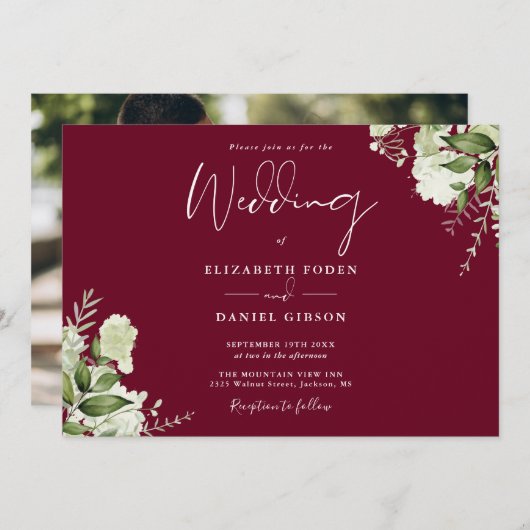 バーボン ワイン色のグリーン フラワー フォト ウェディング 招待状 (正面/裏面)