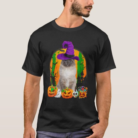 バーマンおもしろいキャットハロウィンウィッチカボチャ Tシャツ (正面)