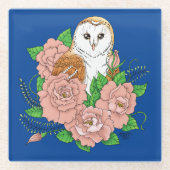 バームフクロウピンク花ブルー ガラスコースター (正面)