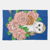 バームフクロウピンク花ブルー キッチンタオル (横)