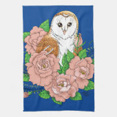 バームフクロウピンク花ブルー キッチンタオル (縦)