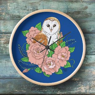 バームフクロウピンク花ブルー 壁時計