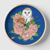 バームフクロウピンク花ブルー 壁時計 (正面)