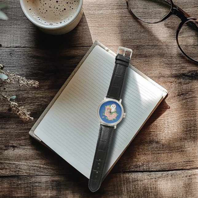 バームフクロウピンク花ブルー 腕時計 (クリエイターアップロード済み)