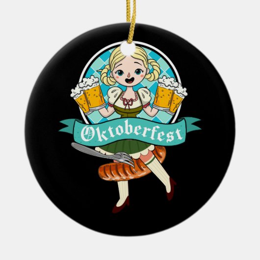 バーメイドオクトーバーフェストおもしろいドイツ人女性ディルンブルブラット セラミックオーナメント (正面)
