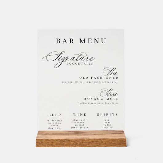 バーメニューのシグネチャーシグネチャーとカクテル アクリルサイン (正面)