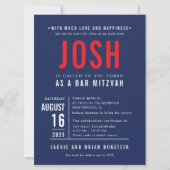 バーモダン(ユダヤ教の)バル・ミツバーはっきりしたブロック型ネイビーレッドJOSH 招待状 (正面)