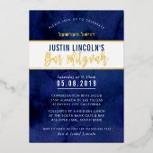 バーモダン(ユダヤ教の)バル・ミツバーダークブルー金ゴールドへフェイクブル 箔招待状 (正面)