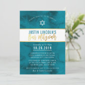 バーモダン（ユダヤ教の）バル・ミツバーティール（緑がかった色）ブルーウォーター色金ゴールド型 招待状 (スタンド正面)