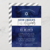 バーモダン(ユダヤ教の)バル・ミツバーブルーウォーターカラーシルバー型 招待状 (正面/裏面)