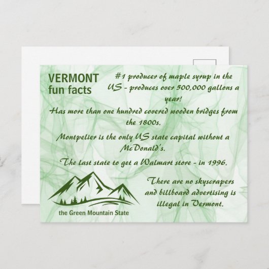 バーモントザグリーンマウンテン州おもしろいファクト ポストカード (正面/裏面)