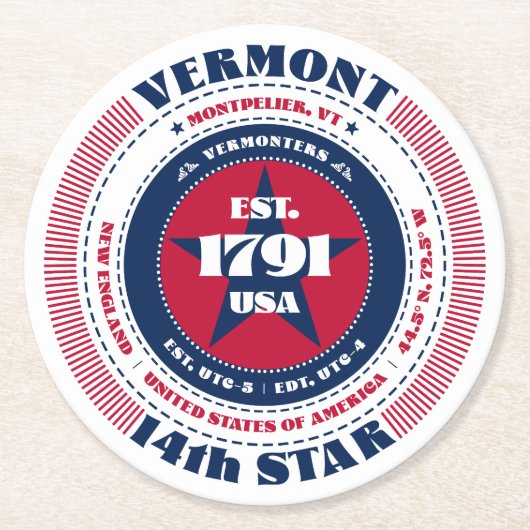 バーモント赤白青タイポグラフィ ラウンドペーパーコースター (正面)