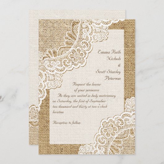 バーラエレガントップの上の素朴な白いコー結婚ナー・レース 招待状 (正面/裏面)