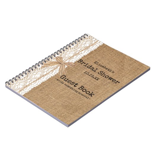 バーラップおよびレースのイメージのブライダルシャワーの来客名簿 ノートブック (左側)