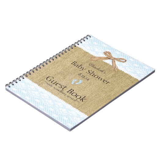バーラップおよびレースのイメージの青色児のシャワーの来客名簿 ノートブック (左側)