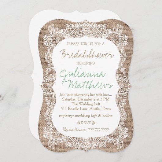 バーラップおよびレースのブライダルシャワー 招待状 (正面/裏面)